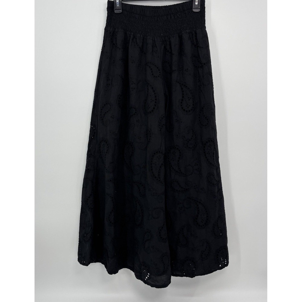 Meo Meli Pants Womens OS Wide Leg Eyelet Broderie Anglaise Black Paisley Pull On